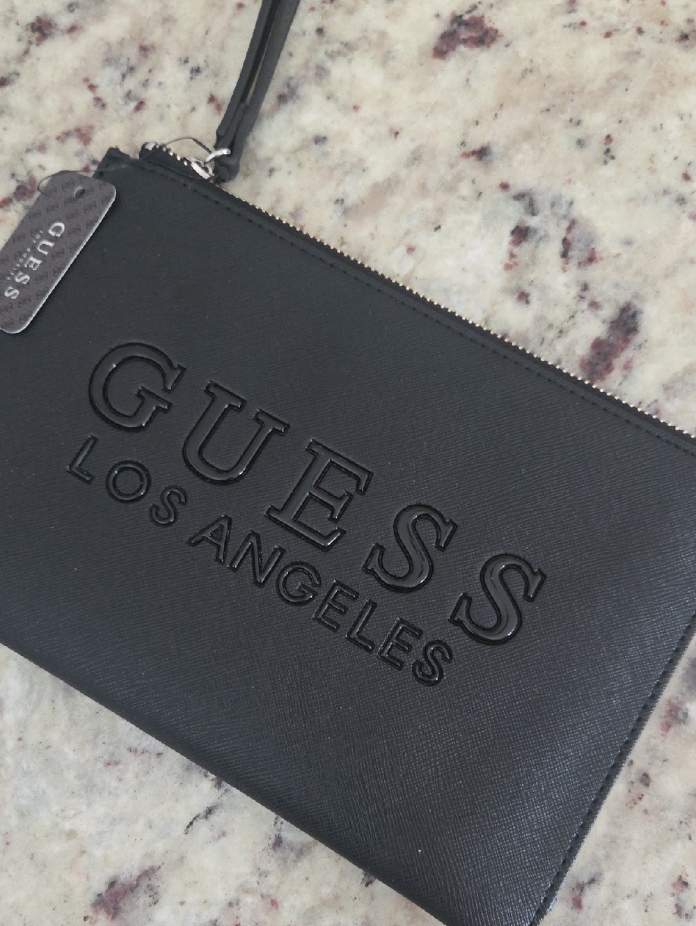 Guess Black Embossed Los Angeles Zip Wristlet NWT